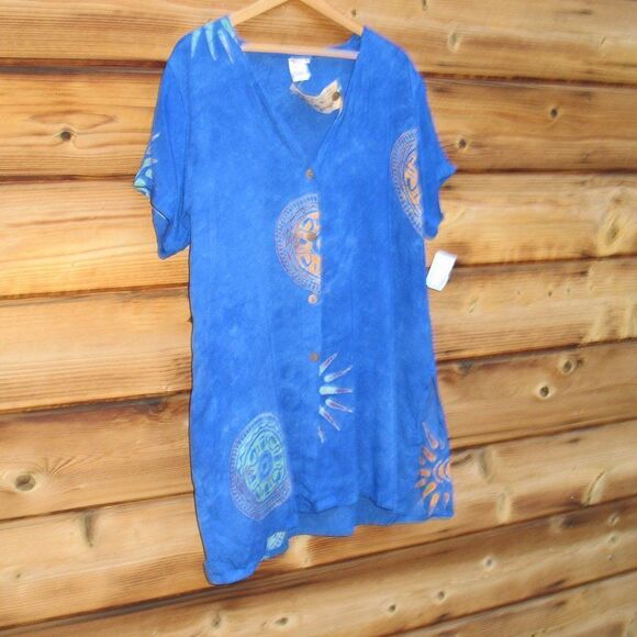NWT Blue Vintage 90's Batik Swim Cover Tunic Top - Picture 2 of 6